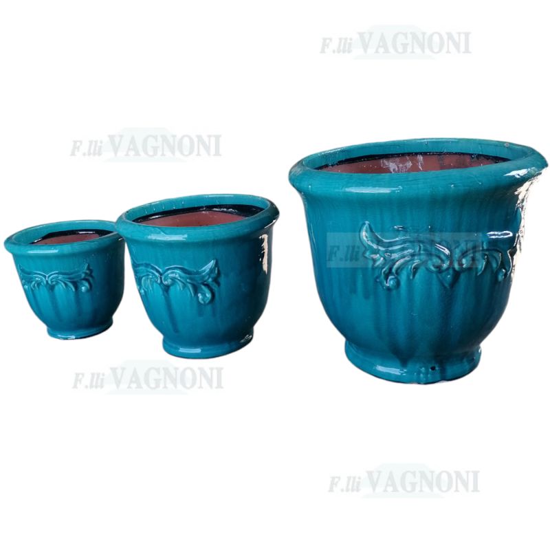 SET 3 VASI CIRCOLARI IN TERRACOTTA SMALTATA AZZURRO MARE